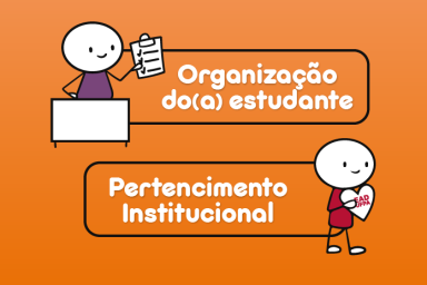 Banner na cor laranja com desenho de bonecos tipo palito e o nome das competências Organização do(a) Estudante e Pertencimento Institucional
