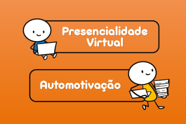 Banner na cor laranja com desenho de bonecos tipo palito e o nome das competências Presencialidade Virtual e Automotivação