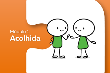 Banner na cor laranja com dois bonecos palitos e o texto Acolhida!