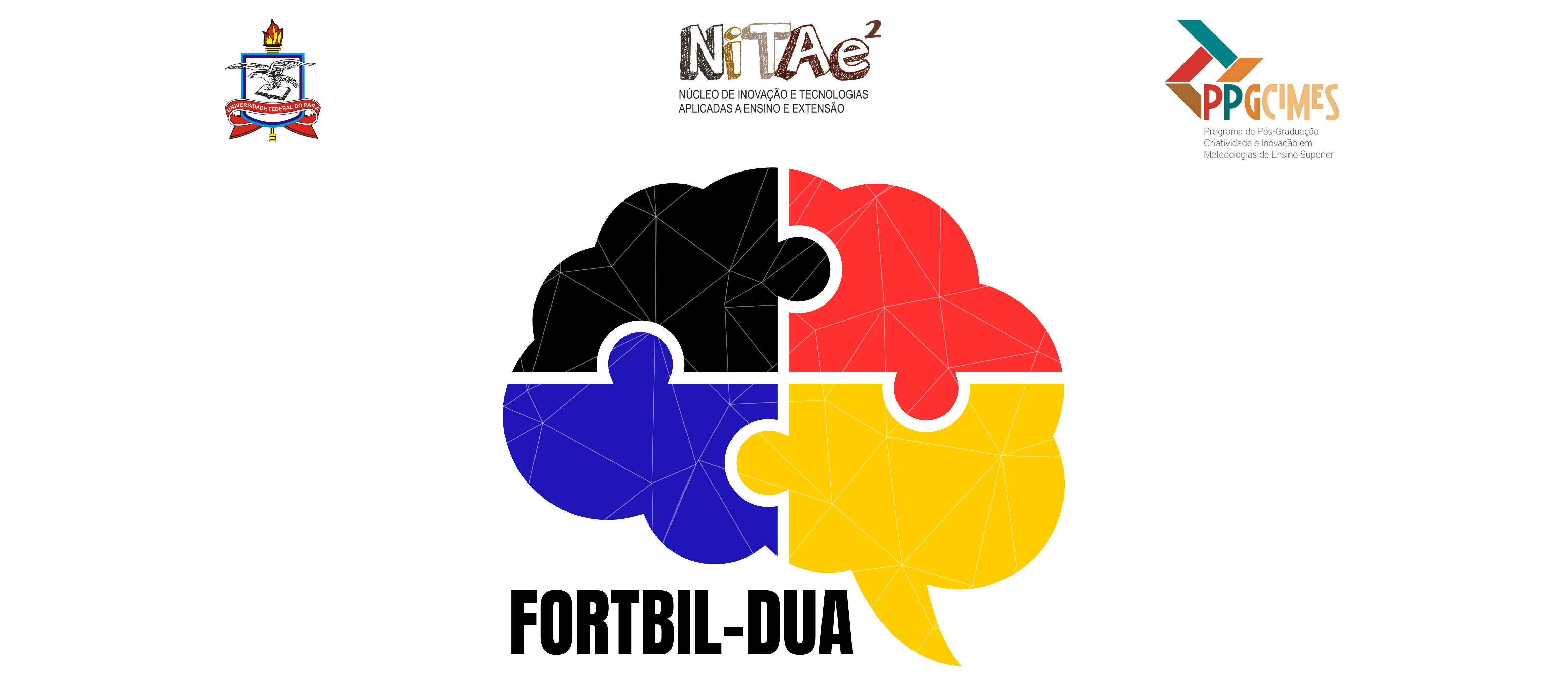 Logos UFPA, NITAE e PPGCIMES. Logo do curso. Cérebro formando balão de diálogo, nas cores preta, azul, vermelha e amarela.