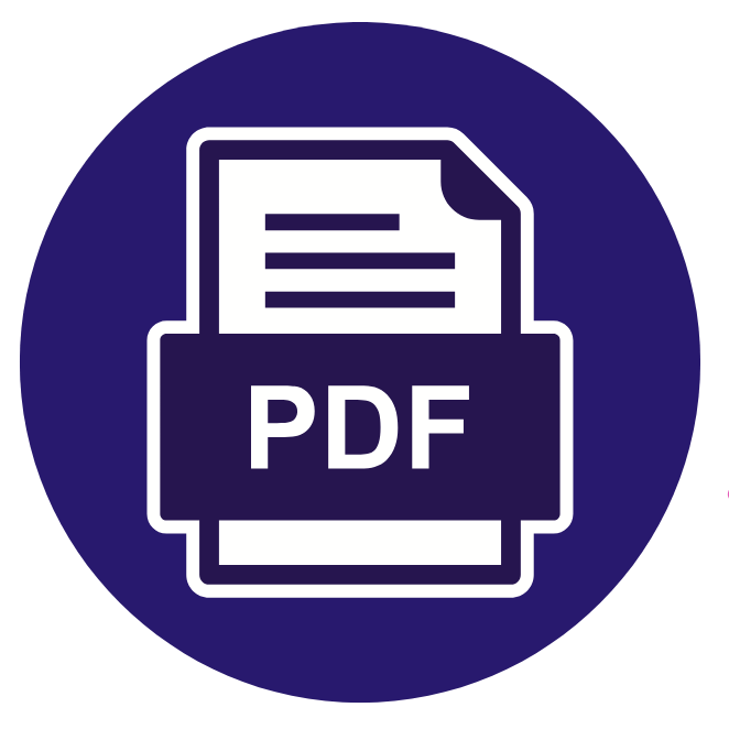 Ícone para texto. Forma circular com um desenho de documento pdf no centro.