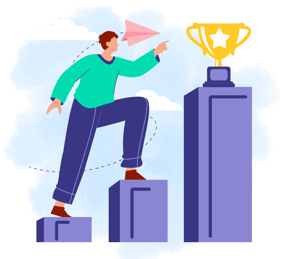 Homem subindo degraus em busca de um troféu