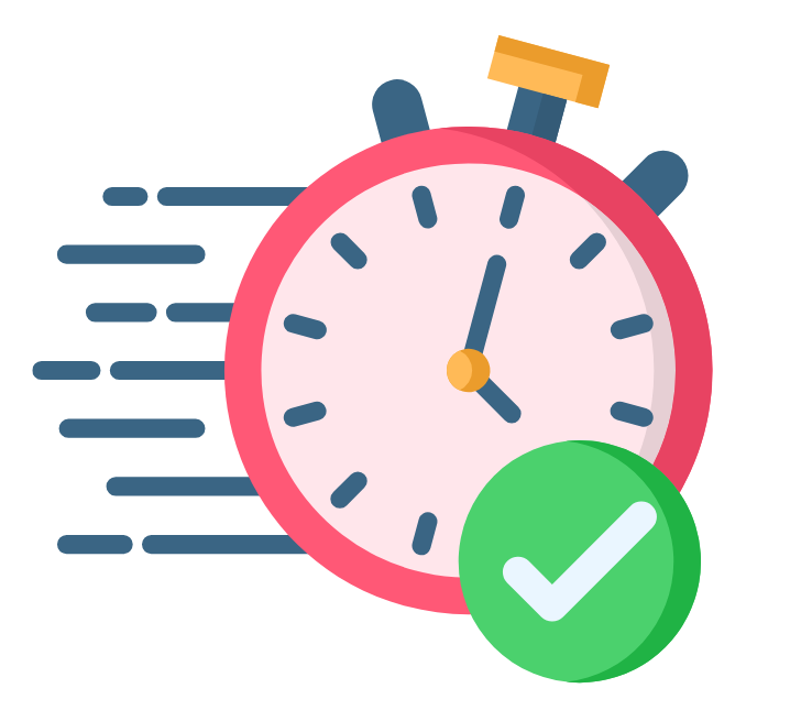 Ilustração de um relógio representando a velocidade do tempo. Na parte inferior direita está um ícone de certo, na cor verde.
