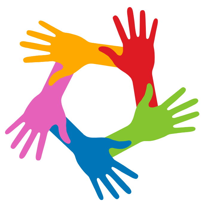 ícone para a atividade mão na massa. Cinco mãos coloridas formam um círculo.