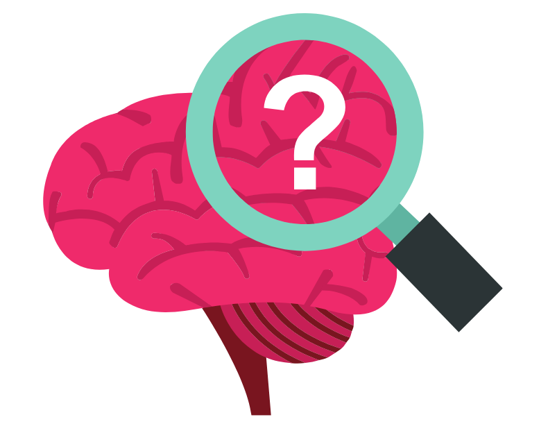 Ilustração de um cérebro rosa. Sobre o cérebro está uma lupa, com um ponto de interrogação no centro.