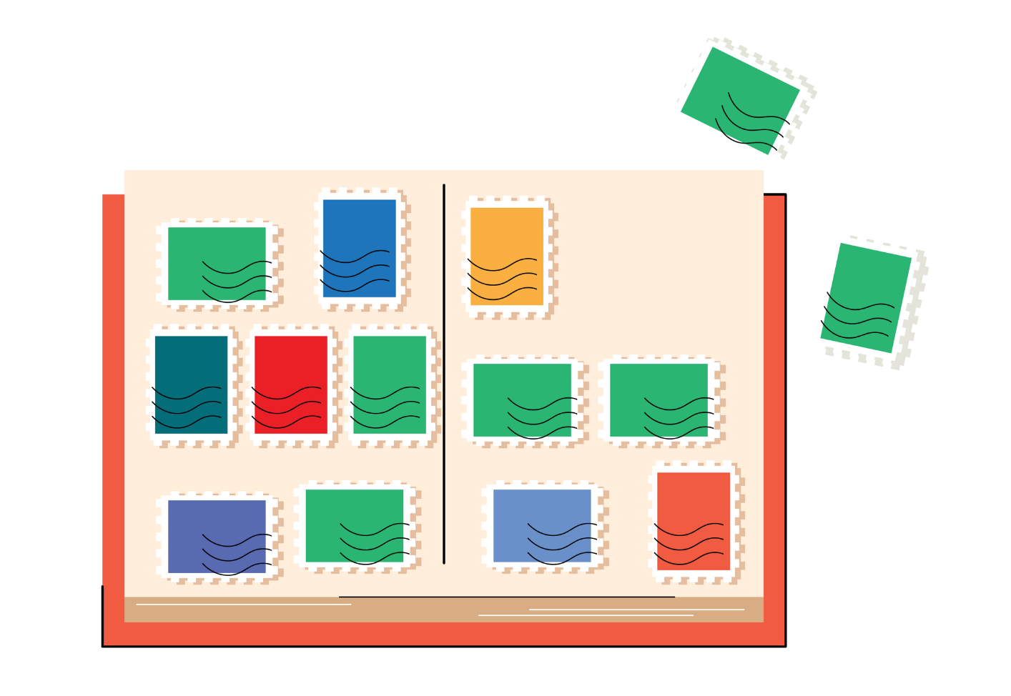 Ilustração de um livro aberto com coleção de selos